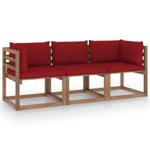 Ogrodowa sofa 3-os. z palet, z bordowymi poduszkami, sosna