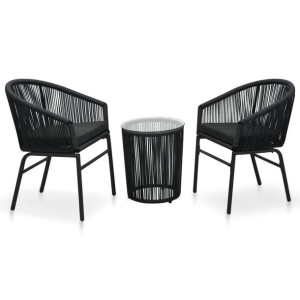 3-częściowy zestaw mebli bistro, poduszki, rattan PVC, czarny