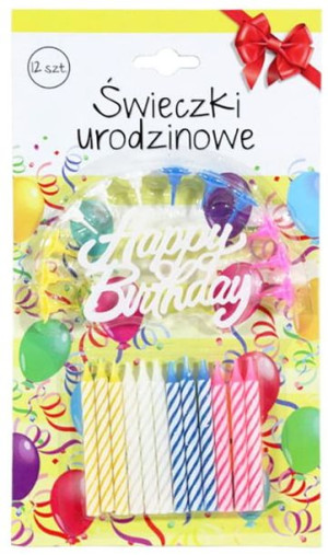 Klasyczne świeczki urodzinowe - 12 szt + napis Happy Birthday