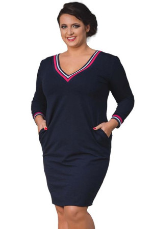 Sukienka AGATA długi rękaw z amarantowym ściągaczem granatowa 56 PLUS SIZE