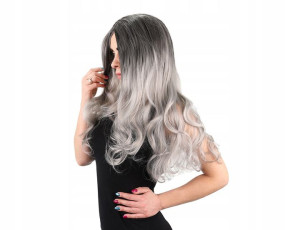 Peruka Długa Kręcone Włosy Ombre Szara Blond 70cm