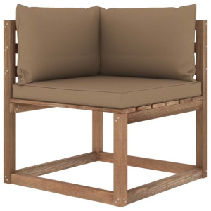 Ogrodowa sofa narożna z palet, z poduszkami w kolorze taupe