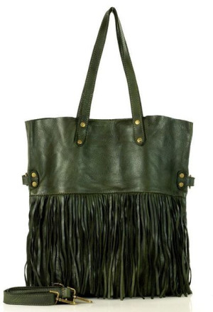 MARCO MAZZINI Torebka shopper frędzle boho genuine leather handmade zieleń