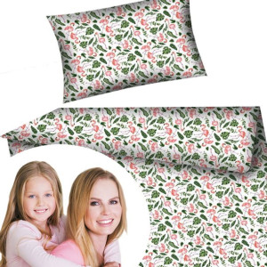 Pościel bawełniana komplet 90x120 cm zielone liście i flamingi
