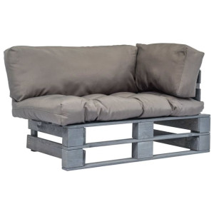 Sofa ogrodowa z palet z szarymi poduszkami, drewno sosnowe