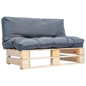 Sofa ogrodowa z palet z szarymi poduszkami, sosna