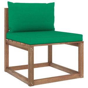 Ogrodowa sofa środkowa z palet, z zielonymi poduszkami