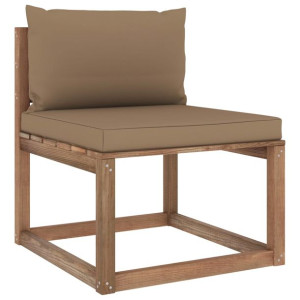Ogrodowa sofa środkowa z palet, z poduszkami w kolorze taupe
