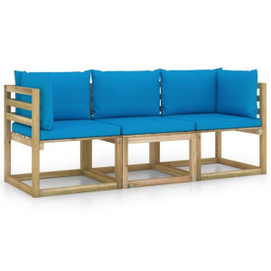 Ogrodowa sofa 3-os. z jasnoniebieskimi poduszkami