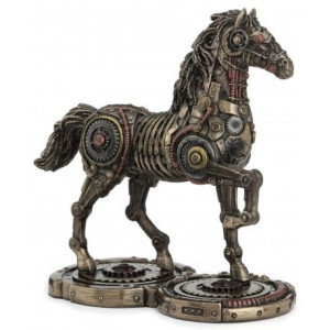 Mechaniczny koń stojący na trybach figurka steampunk grawer