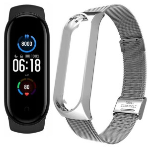 XIAOMI - MI Band 5 + folia ochronna + bransoleta SREBRNA