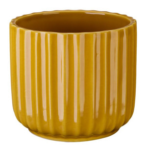Osłonka doniczka ceramiczna 12 cm żółty musztardowy połysk wzór prążki