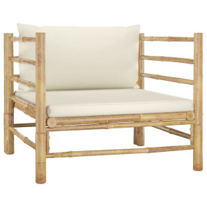 Sofa ogrodowa, śmietankowe poduszki, bambus