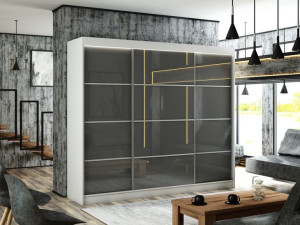 Szafa Przesuwna Garderoba PEK 250cm Biały SZARY Lacobel SZPROSY połysk