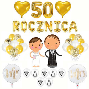 50 Rocznica Ślubu Balony Dekoracja Zestaw Złoty
