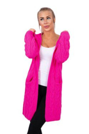 Sweter Damski Ciepły Kardigan Z Kapturem Różowy Neon