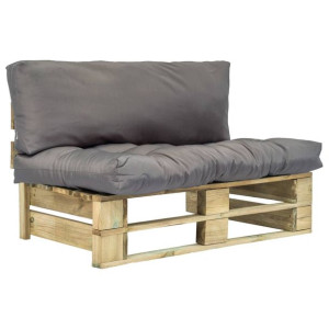 Sofa ogrodowa z palet z szarymi poduszkami, sosnowe drewno