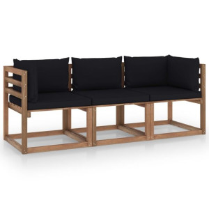 Ogrodowa sofa 3-os. z palet, z czarnymi poduszkami, sosna