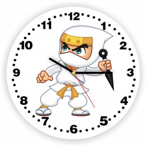 Zegar ścienny biały NINJA wojownik na prezent