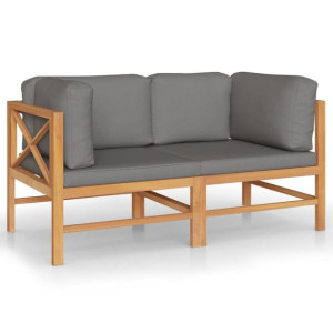 2-os. sofa ogrodowa z szarymi poduszkami, lite drewno tekowe