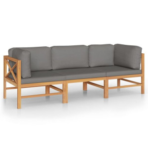 3-os. sofa ogrodowa z szarymi poduszkami, lite drewno tekowe