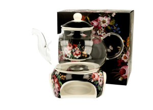 Szklany dzbanek 1000 ml z podgrzewaczem VINTAGE FLOWERS BLACK