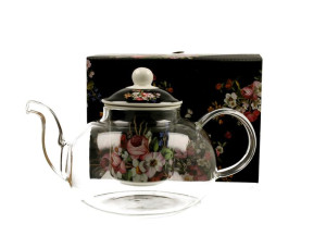 Szklany dzbanek 1000 ml z zaparzaczem VINTAGE FLOWERS BLACK