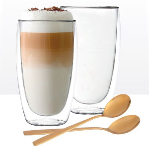 Szklanki termiczne do kawy latte Andrea 380 ml i złote łyżeczki, 2 szt.