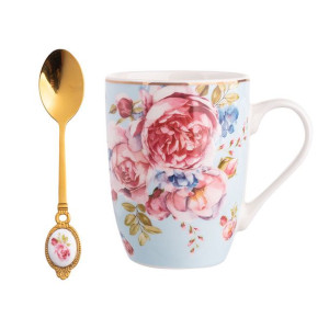 Kubek do kawy i herbaty porcelanowy ze złotą łyżeczką Scarlett 300 ml błęki
