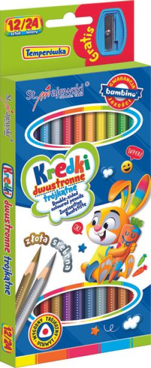 BAMBINO Kredki szkolne trójkątne dwustronne 12/24 kolory + temperówka
