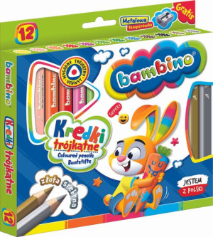 BAMBINO Kredki trójkątne w oprawie drewnianej 12 kolorów + temperówka