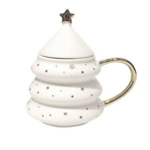Kubek porcelanowy z pokrywką Choinka biały 300 ml
