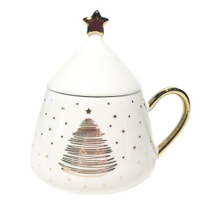 Kubek porcelanowy z pokrywką Choinka biały 300 ml