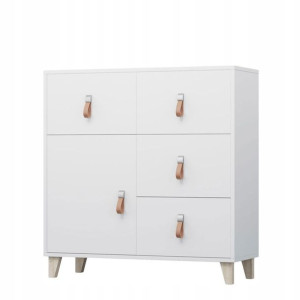 Komoda biała na nóżkach - skandynawska 90cm, skórzany uchwyt