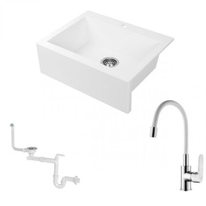 Zlewozmywak farmerski granitowy Komodo 63x49 biały 1-kom + Bateria Joga