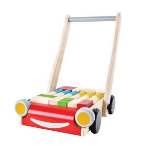 Drewniany wózek do pchania z klockami, Plan Toys 5123