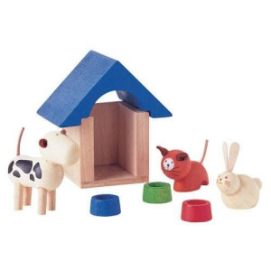 Drewniane zwierzątka domowe z akcesoriami do domku dla lalek, Plan Toys 731