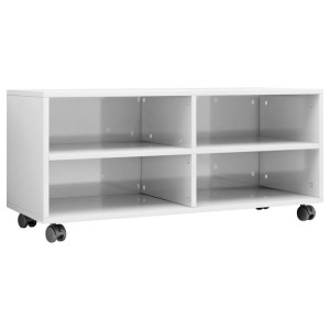 Szafka pod TV z kółkami, wysoki połysk, biała, 90x35x35 cm