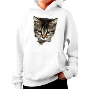 Biała bluza damska 3D hoodie kaptur harajuku z kociakiem XXL