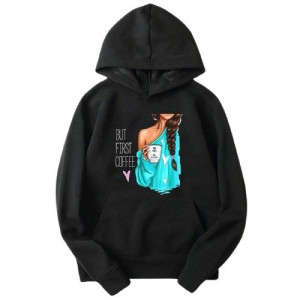 Bluza damska z kapturem hoodie nadruk wzór 3D But first coffee XXXL CZARNY