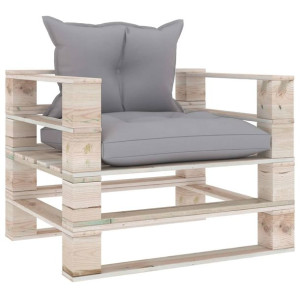 Sofa ogrodowa z palet, z szarymi poduszkami, drewn