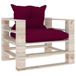 Sofa ogrodowa z palet, czerwone poduszki, drewno s