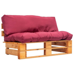 Sofa ogrodowa z palet z czerwonymi poduszkami, sos