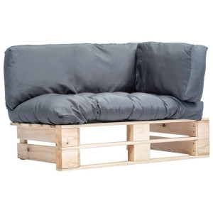 Sofa ogrodowa z palet z szarymi poduszkami, sosna