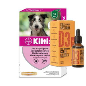BAYER Kiltix Obroża dla małych psów 38cm + olej konopny - witamina D3 Forte