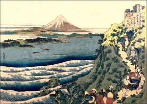 Travellers Climbing a Mountain Path, Hokusai - pla