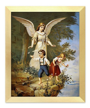 Obraz z Aniołem Stróżem płótno w ramie religijny 23x28 cm