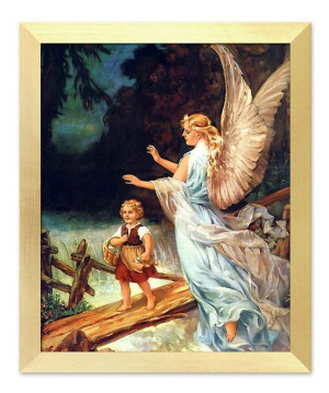 Obraz z Aniołem Stróżem płótno w ramie religijny 23x28 cm