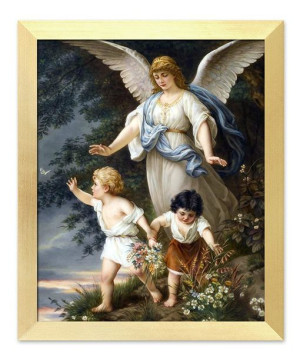 Obraz z Aniołem Stróżem płótno w ramie religijny 23x28 cm
