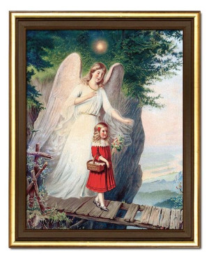 Obraz z Aniołem Stróżem płótno w ramie religijny 26x31cm